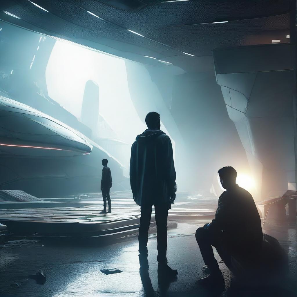 A dramatic scene depicting a man, face obscure, abandoning his friend in a futuristic 2023 setting.