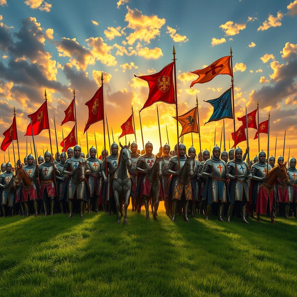 A grand scene depicting a battalion of knights in shining armor, standing proudly on a lush green hillside