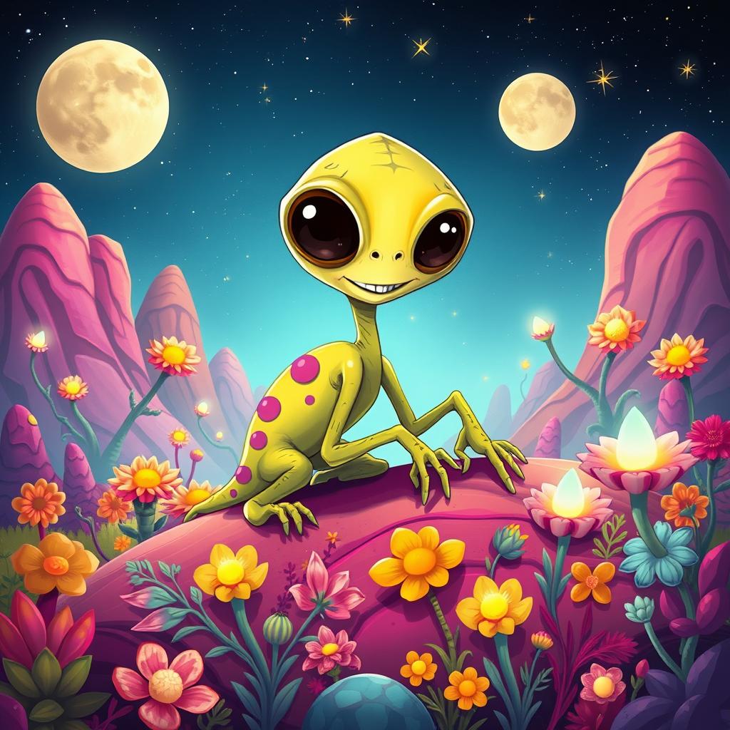 A visually striking illustration of a whimsical, intelligent-looking alien creature named Armstrong Crawly, who has a slender, elongated body, large expressive eyes, and an endearing smile