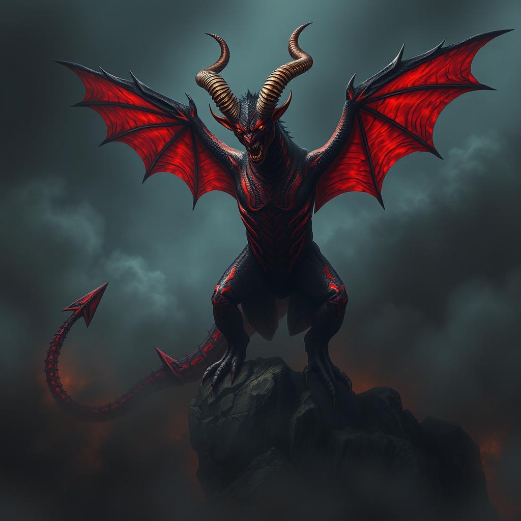 Majestic Demon in a Misty Landscape: A Fiery Vision