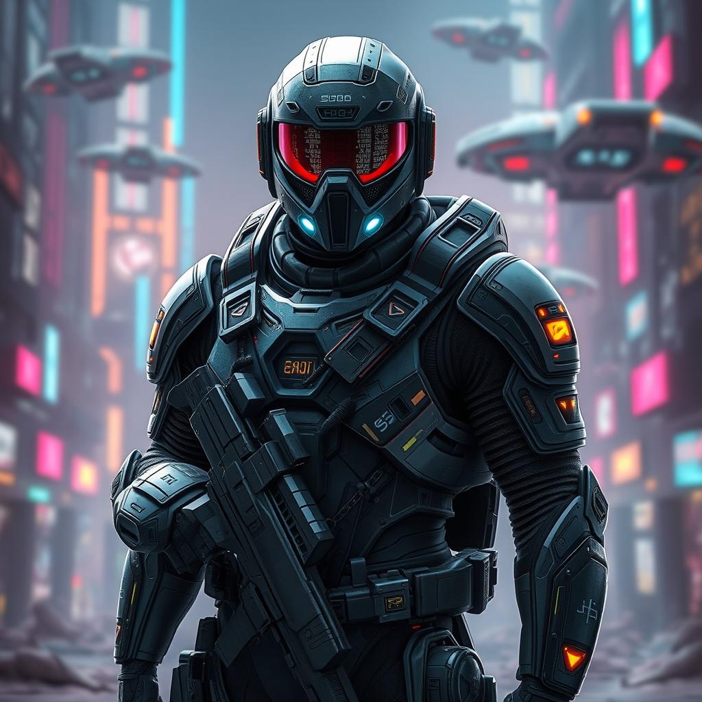 A futuristic soldier designed for a sci-fi setting, wearing advanced combat armor equipped with high-tech gadgets and weaponry