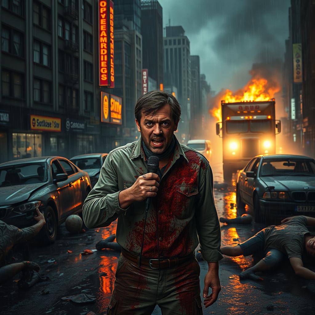 A dark and decaying city, with rain-soaked streets reflecting neon lights and fire