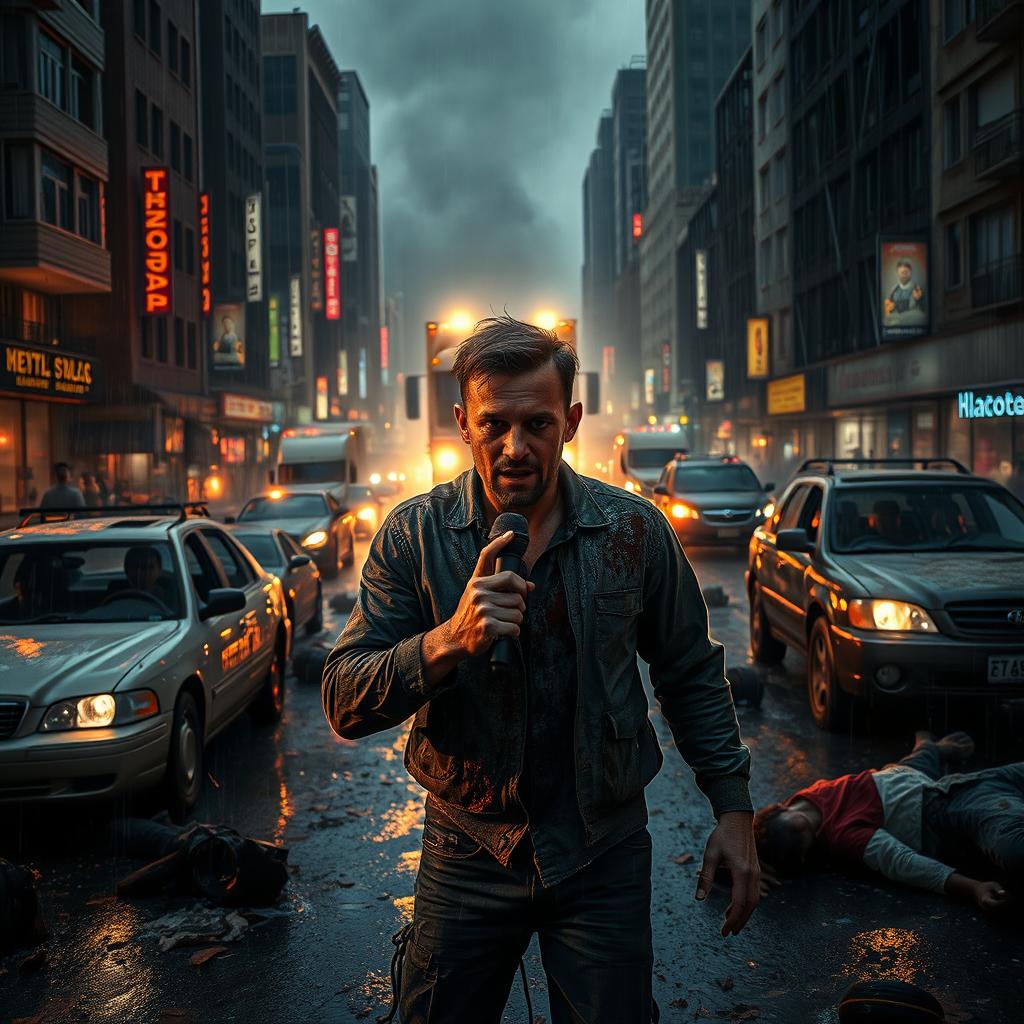 A dark and decaying city, with rain-soaked streets reflecting neon lights and fire