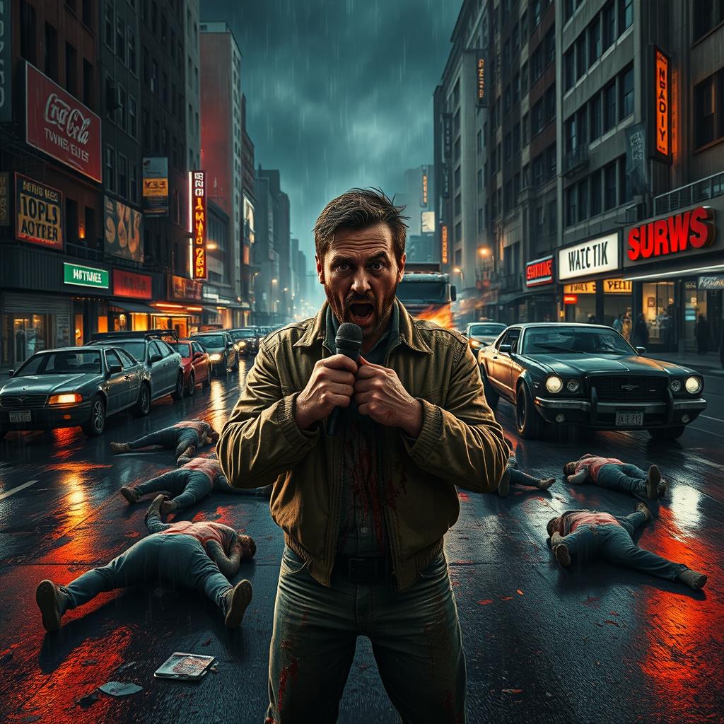 Cover of a horror news story: A dark and decaying city, with rain-soaked streets reflecting neon lights and fire