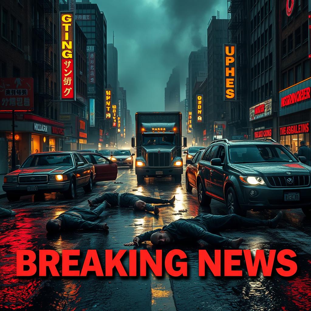 Cover of a horror breaking news story: A dark and decaying city, with rain-soaked streets reflecting neon lights and fire