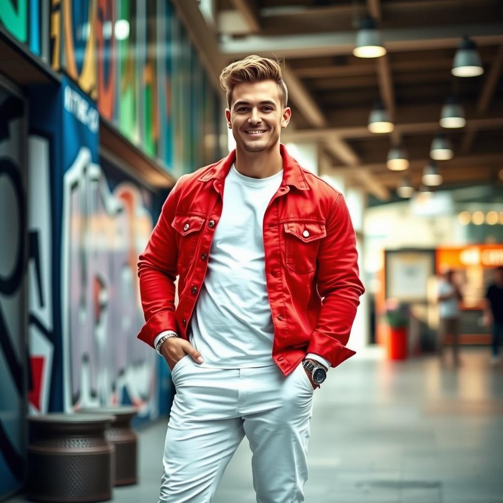 A 75kg man confidently posing in a vibrant red denim jacket over a crisp white undershirt, complemented by sleek white pants, creating a striking and stylish contrast