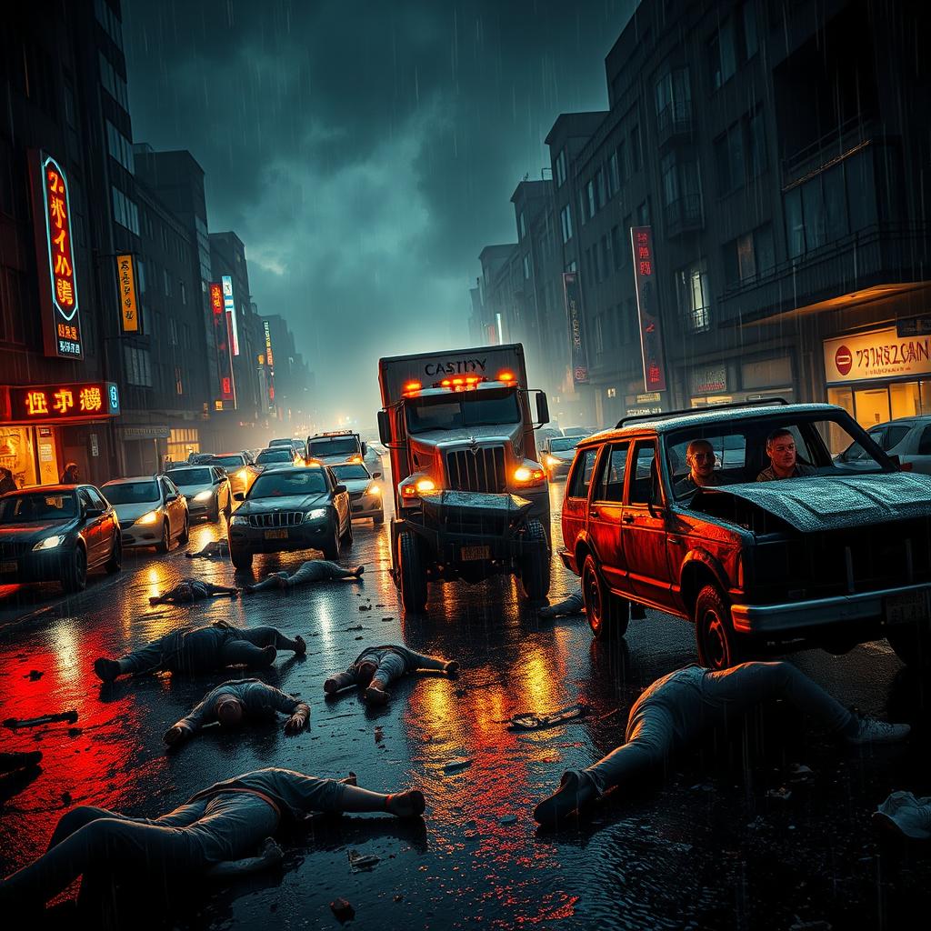 Cover of a horror breaking news story: A dark and decaying city, with rain-soaked streets reflecting neon lights and fire