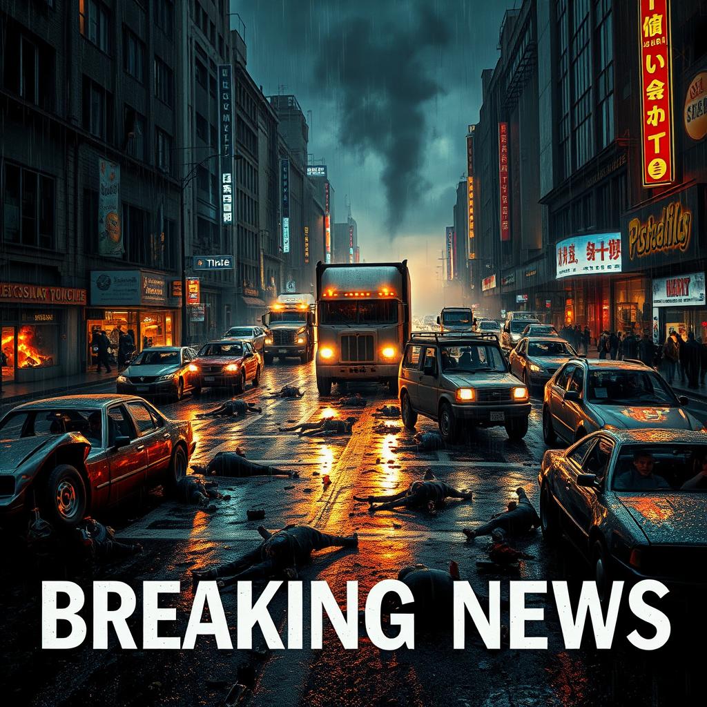 Cover of a horror breaking news story: A dark and decaying city, with rain-soaked streets reflecting neon lights and fire