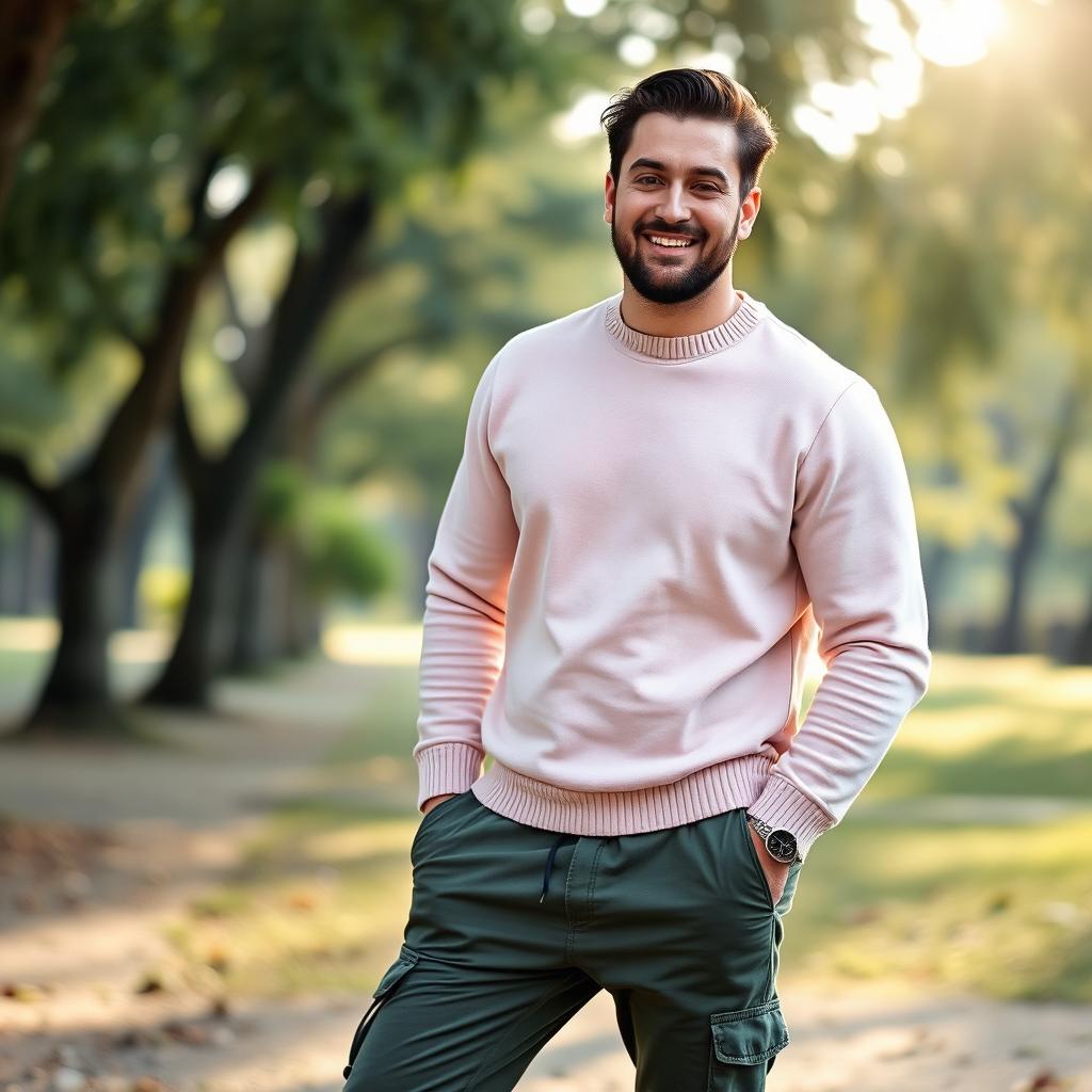 A 75kg man exuding style while wearing a soft light pink pullover sweater that adds a touch of warmth, paired with trendy army green jogger pants for a laid-back yet fashionable look
