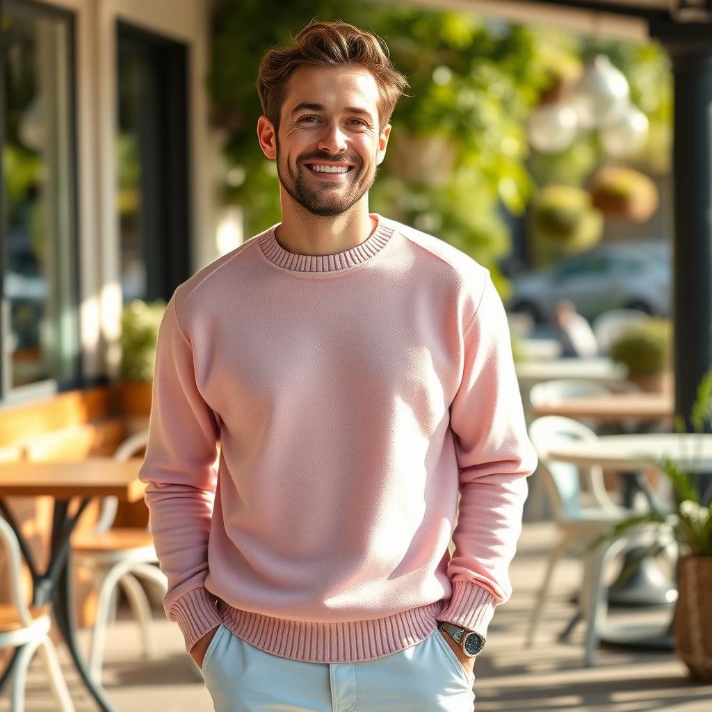 A 75kg man exuding a relaxed style in a cozy light pink pullover sweater paired with crisp white pants, creating a fresh and inviting look