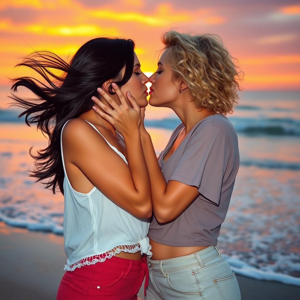 A romantic scene of two beautiful women sharing a passionate kiss, their hands gently touching each other's faces, surrounded by a dreamy, colorful sunset background