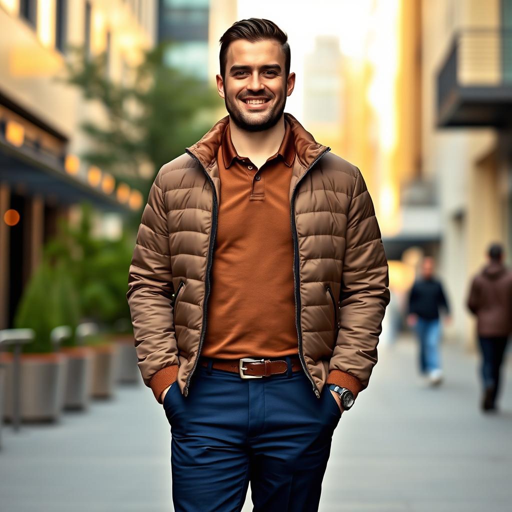 A 75kg man confidently standing, wearing a stylish brown polo shirt under a trendy semi puffer jacket