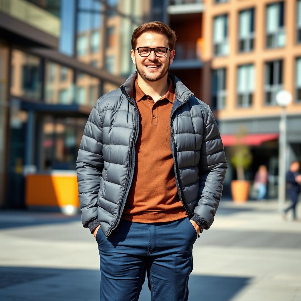 A 75kg man confidently standing, wearing a stylish brown polo shirt beneath a sleek gray semi puffer jacket