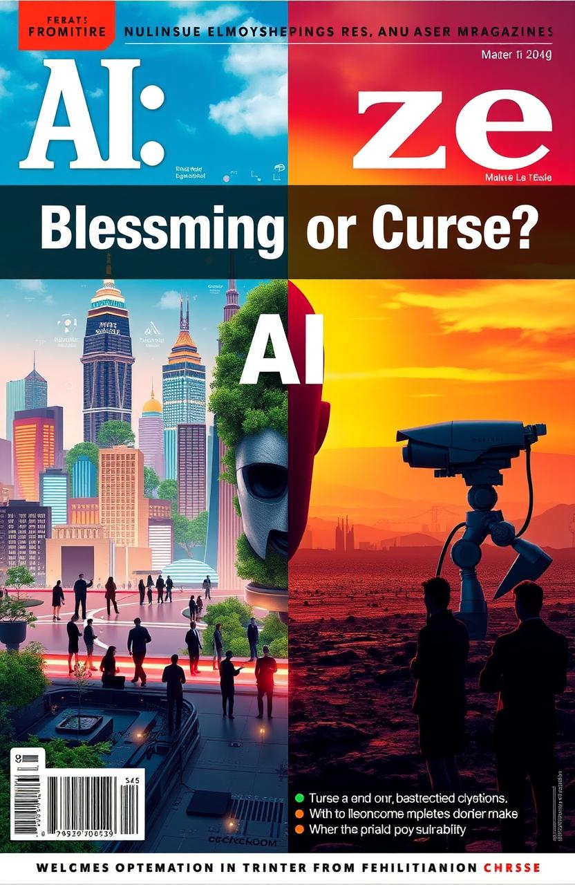 A magazine cover that captures the theme of AI as either a blessing or a curse