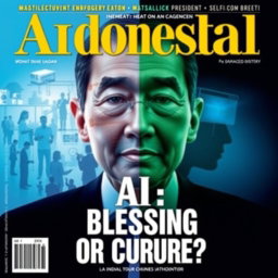 A magazine cover that explores the theme of AI as either a blessing or a curse, featuring a background of a deepfake image of Jokowi, the Indonesian president