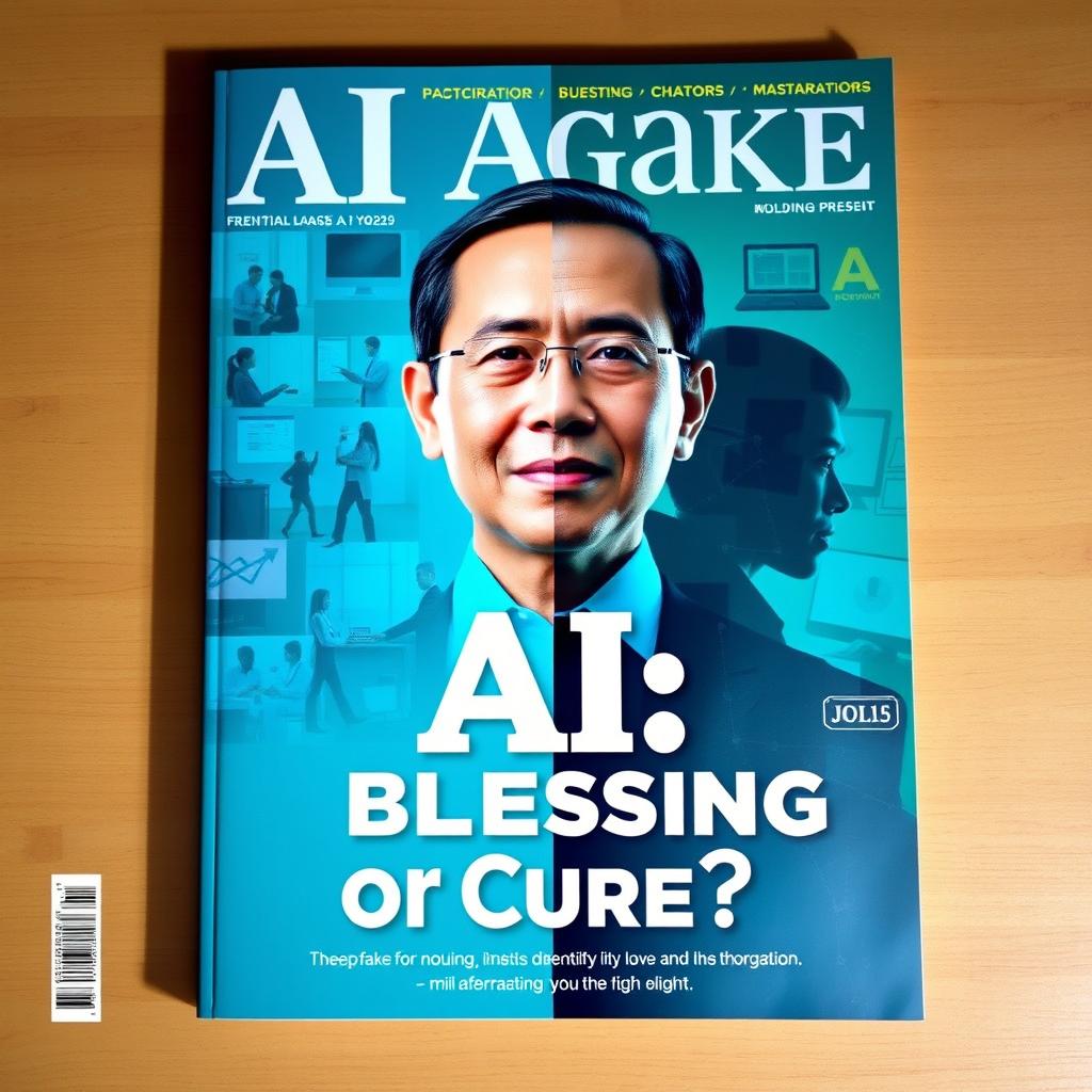 A magazine cover that explores the theme of AI as either a blessing or a curse, featuring a background of a deepfake image of Jokowi, the Indonesian president
