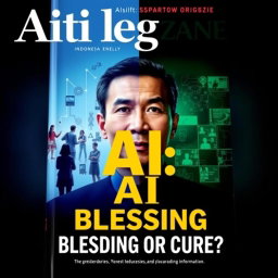 A magazine cover that explores the theme of AI as either a blessing or a curse, featuring a background of a deepfake image of Jokowi, the Indonesian president