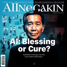 A magazine cover that explores the theme of AI as either a blessing or a curse, featuring a background of a deepfake image of Jokowi, the Indonesian president