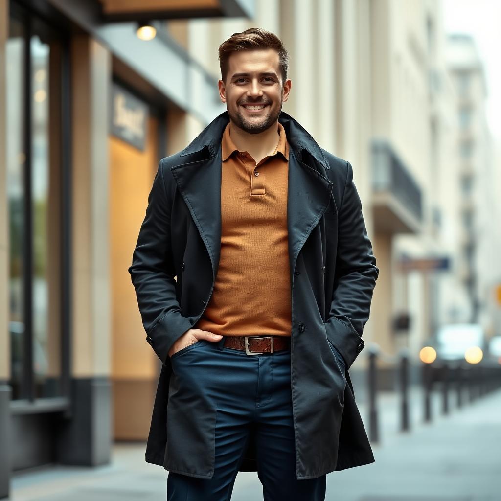 A 75kg man confidently standing, wearing a stylish brown polo shirt layered under a sleek black trench coat