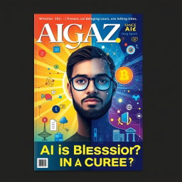 A magazine cover that visually explores the theme of whether AI is a blessing or a curse, with a background featuring a deepfake image of Bahtiar HS, blending his likeness seamlessly into the design