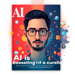 A magazine cover that visually explores the theme of whether AI is a blessing or a curse, with a background featuring a deepfake image of Bahtiar HS, blending his likeness seamlessly into the design