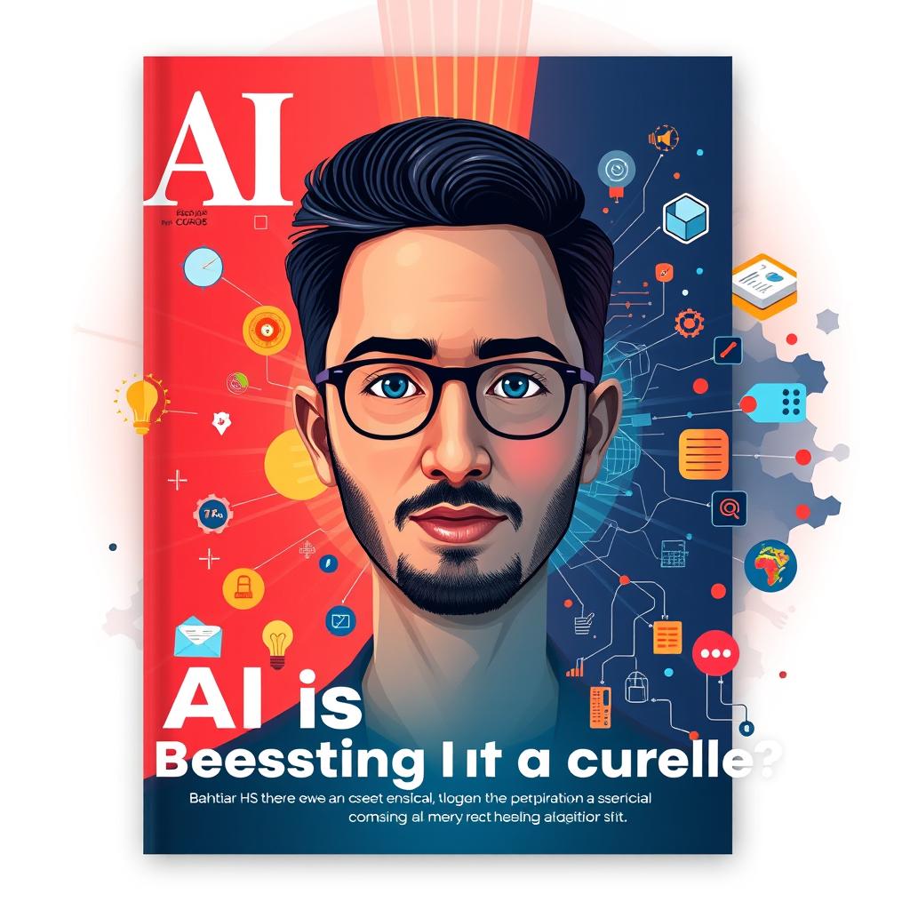 A magazine cover that visually explores the theme of whether AI is a blessing or a curse, with a background featuring a deepfake image of Bahtiar HS, blending his likeness seamlessly into the design