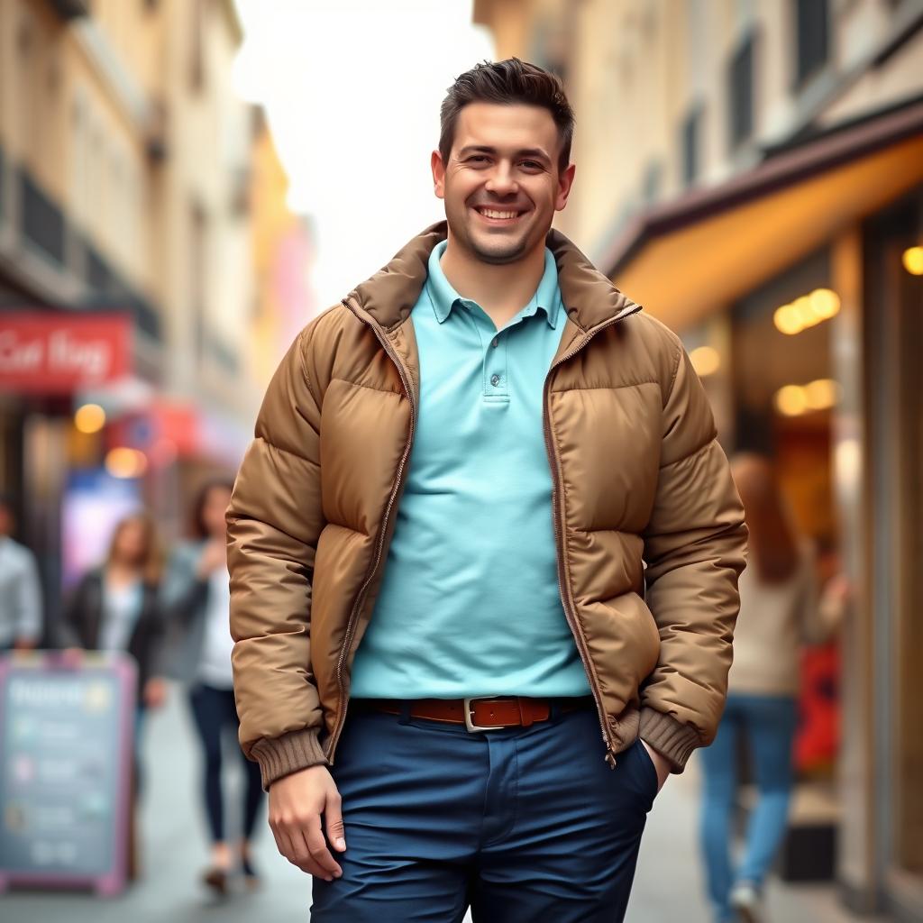 A 75kg man confidently standing, wearing a light blue-green polo shirt layered under a cozy brown puffer jacket