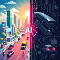 An A4 wallpaper design that visually represents the theme of whether AI is a blessing or a curse