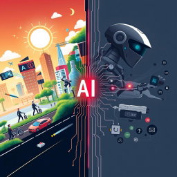 An A4 wallpaper design that visually represents the theme of whether AI is a blessing or a curse