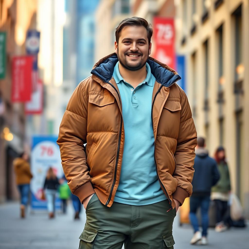 A 75kg man confidently standing, wearing a light blue-green polo shirt layered under a cozy brown puffer jacket