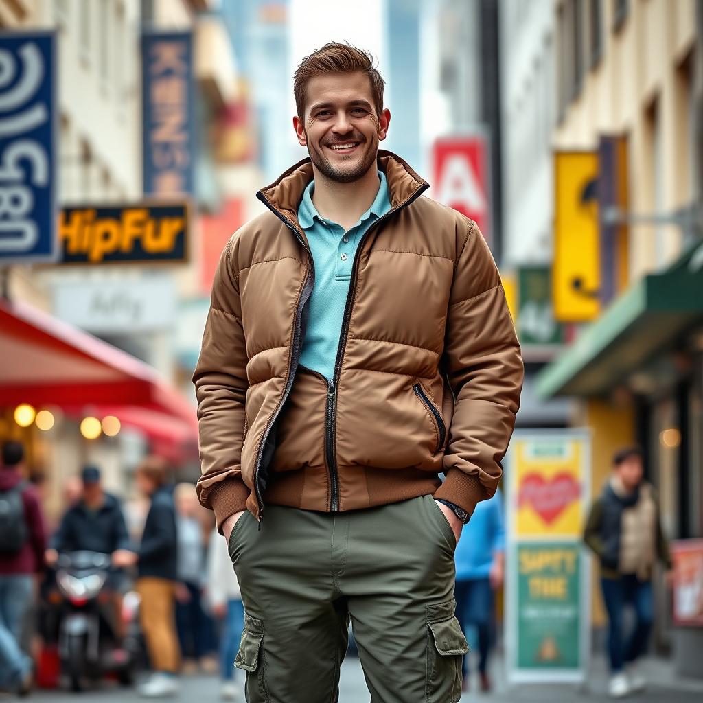 A 75kg man confidently standing, wearing a light blue-green polo shirt layered under a stylish brown semi-puffer jacket, which adds a touch of warmth without being overly bulky