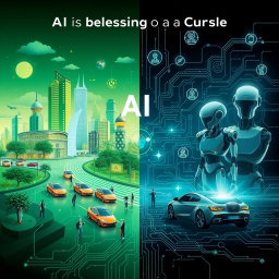 An A4 wallpaper design with HD quality (over 1 MB) that encapsulates the theme of whether AI is a blessing or a curse