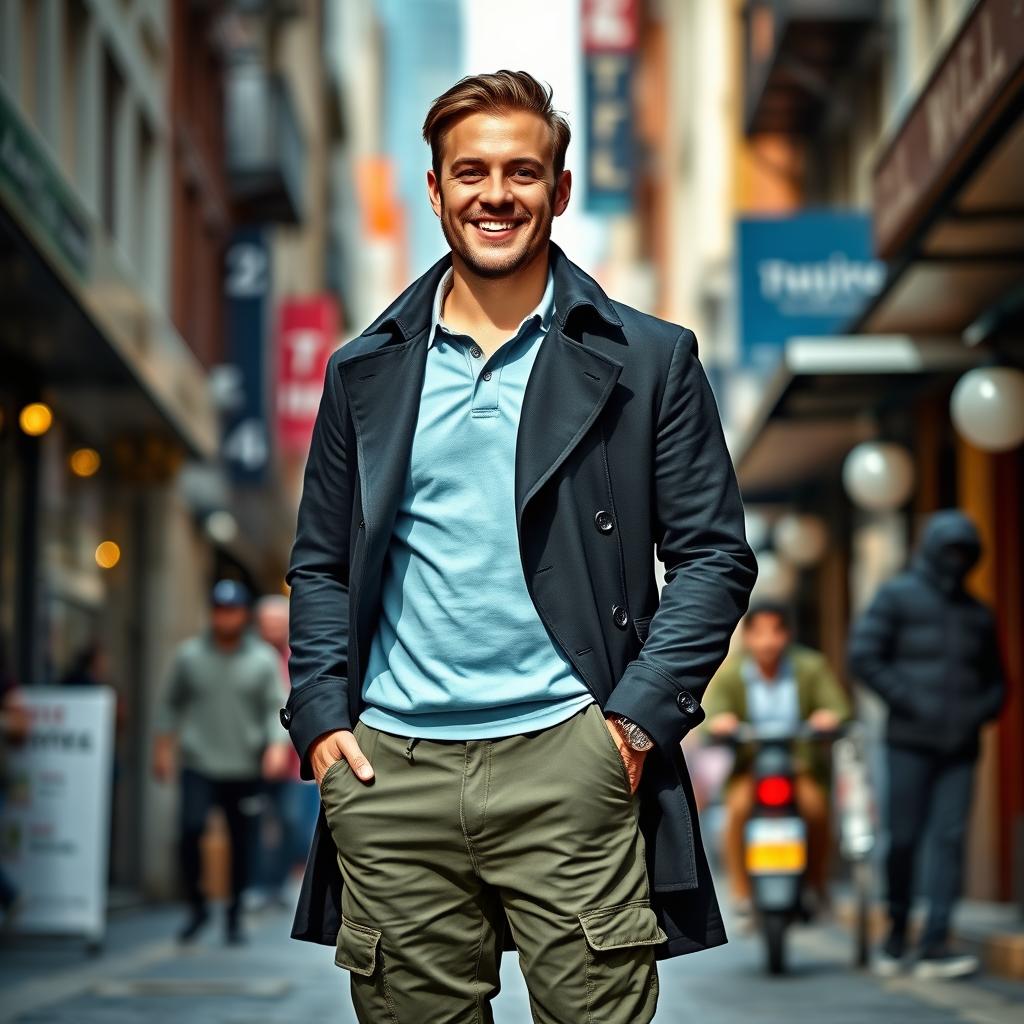 A 75kg man confidently standing, wearing a light blue-green polo shirt layered under a sleek black medium-sized trench coat that drapes elegantly, adding a sophisticated flair