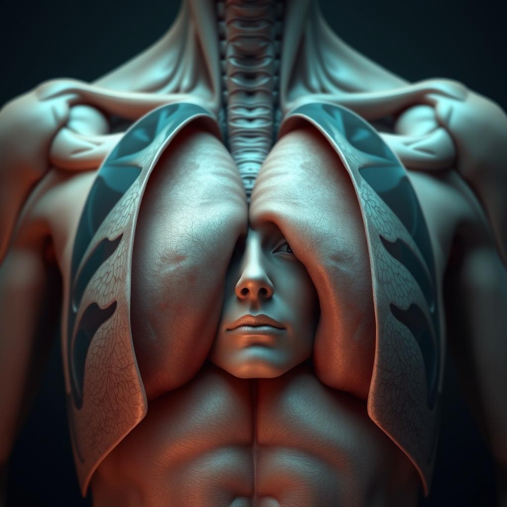 A hyper-realistic artistic rendition of a human chest cavity revealing a thymus gland, with a detailed cut-out section displaying a human face inside the chest