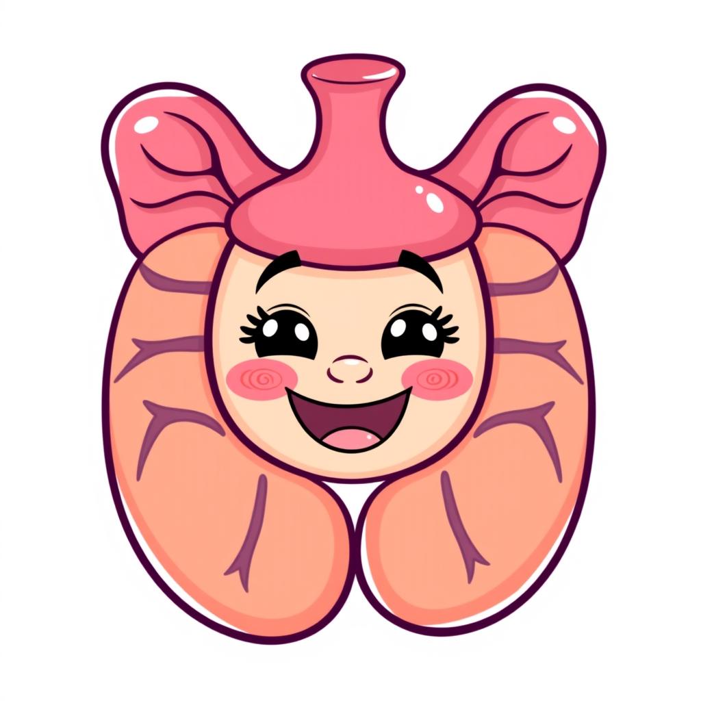 A whimsical and cute representation of a thymus gland, anatomically accurate yet cartoonish, featuring a joyful human face peeking out from within a stylized human chest