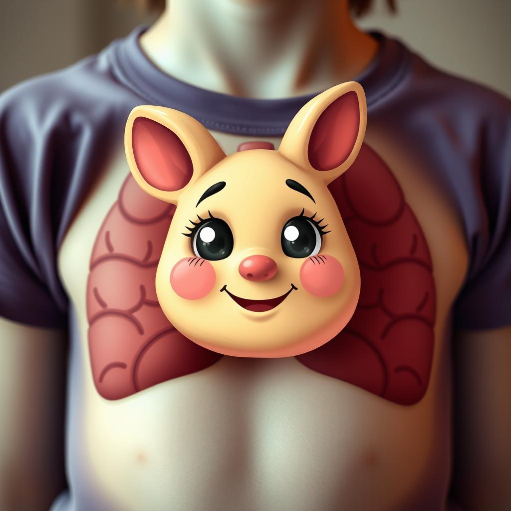 A cute thymus gland featuring an anthropomorphic human face, nestled within the chest cavity of a teenager