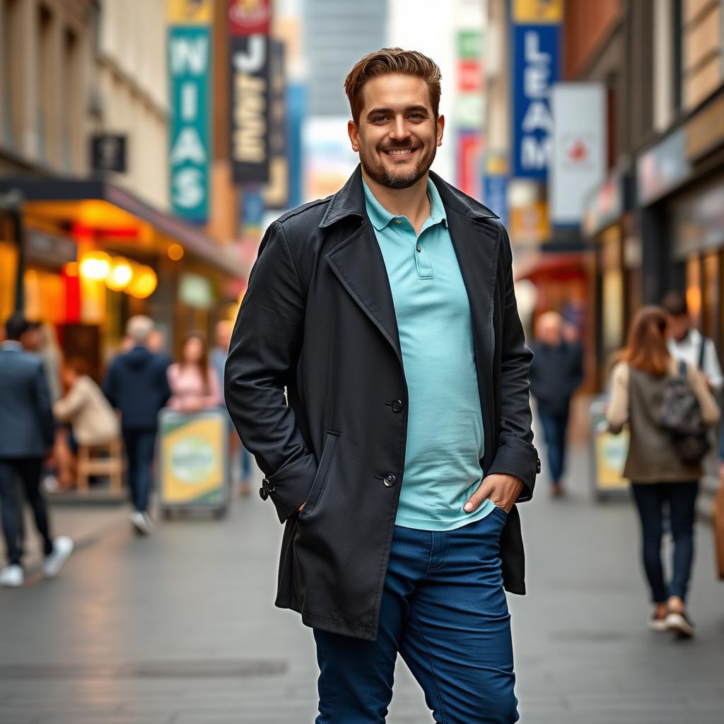 A 75kg man confidently standing, dressed in a light blue-green polo shirt layered beneath a sleek black medium-sized trench coat that adds a touch of sophistication
