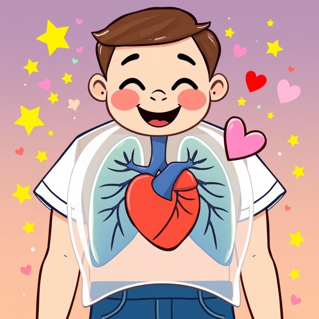 A whimsical and cute illustration of a thymus gland, accurately shaped but with a vibrant, cartoonish style, featuring a friendly human face that is smiling