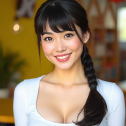 A feminine woman with dimples, black hair, generous breasts, neither overweight nor underweight, with slightly plump and heart-shaped lips