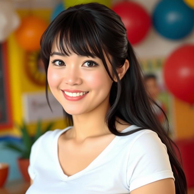 A feminine woman with dimples, black hair, generous breasts, neither overweight nor underweight, with slightly plump and heart-shaped lips
