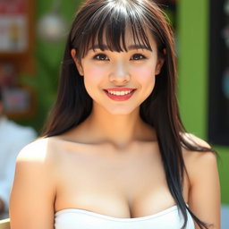 A feminine woman with dimples, black hair, generous breasts, neither overweight nor underweight, with slightly plump and heart-shaped lips