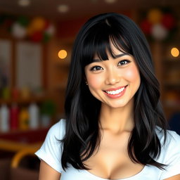 A feminine woman with dimples, black hair, generous breasts, neither overweight nor underweight, with slightly plump and heart-shaped lips