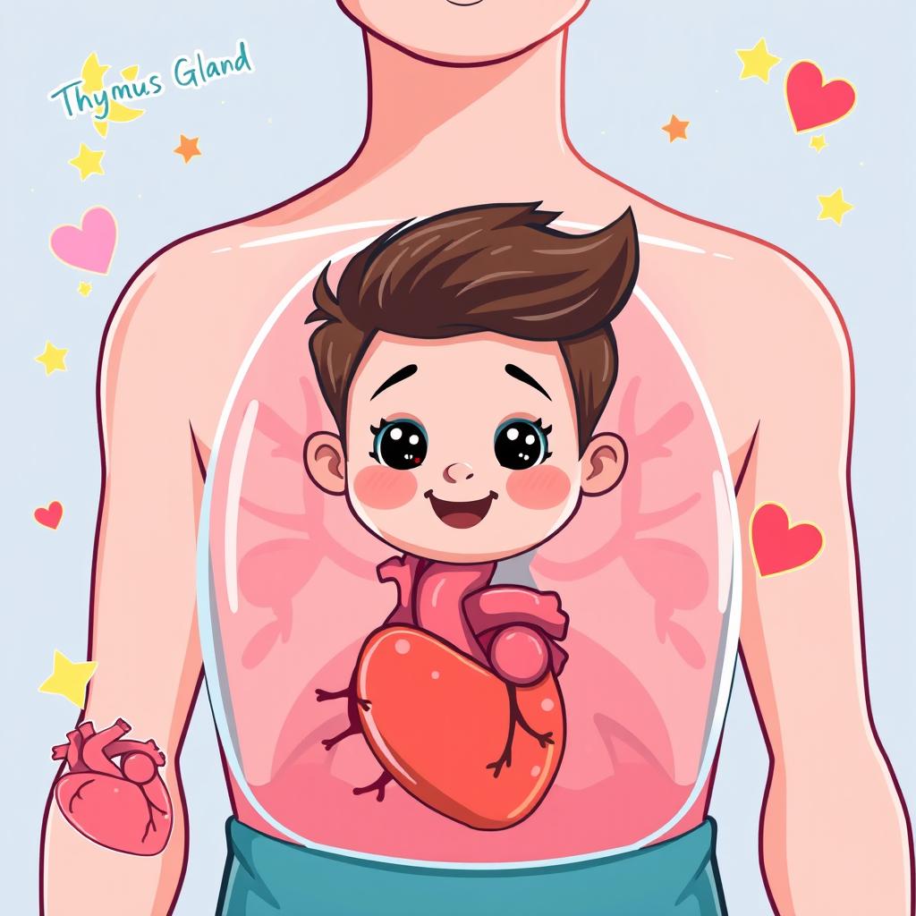 A vibrant and cute illustration of a thymus gland, accurately retaining its sharp and distinct anatomical shape, featuring an adorable human face with a cheerful expression