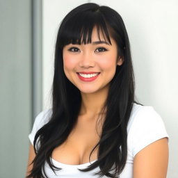 A feminine woman with dimples, black hair, generous breasts, neither overweight nor underweight, with slightly plump and heart-shaped lips