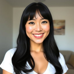 A feminine woman with dimples, black hair, generous breasts, neither overweight nor underweight, with slightly plump and heart-shaped lips