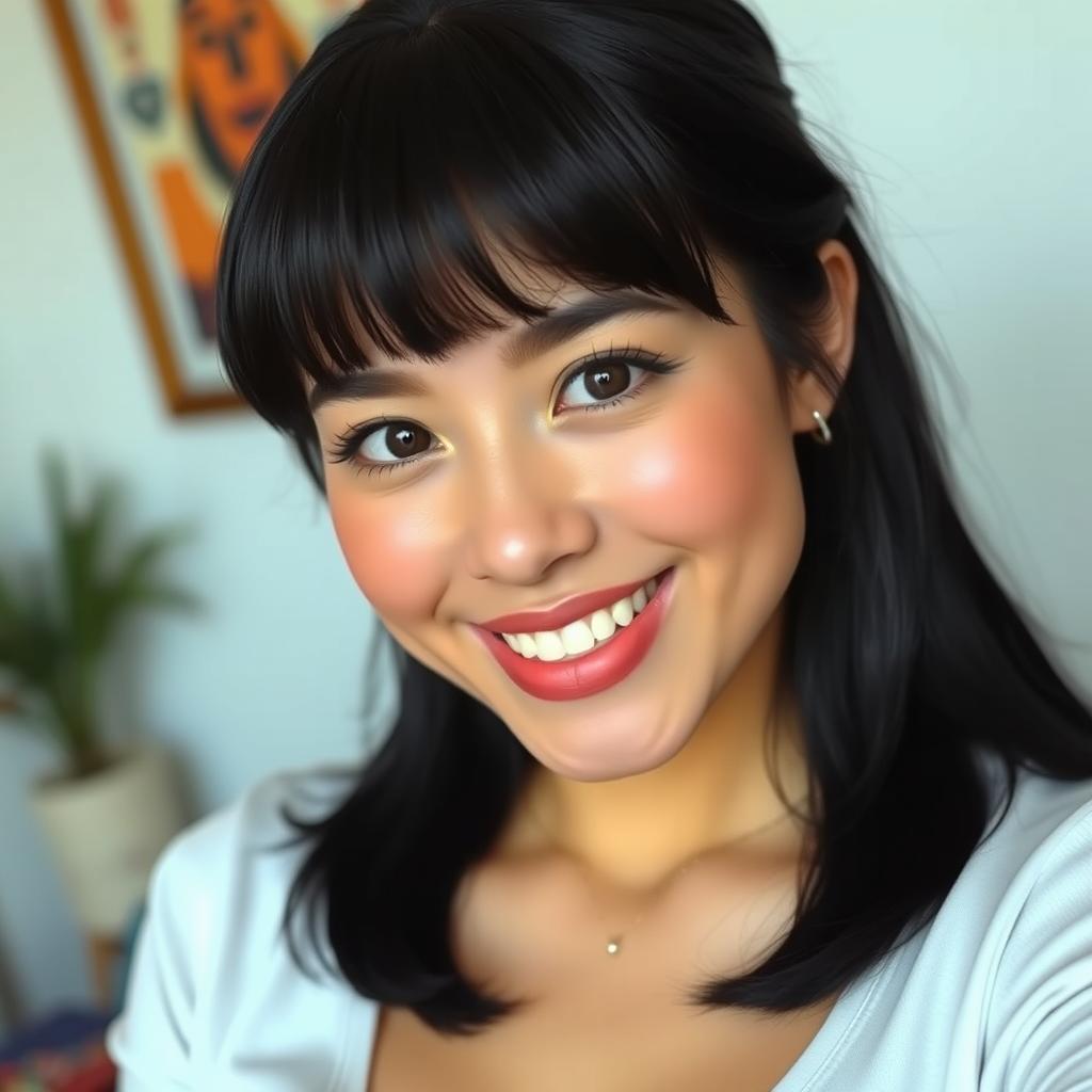 A feminine woman with dimples, black hair, generous breasts, neither overweight nor underweight, with slightly plump and heart-shaped lips