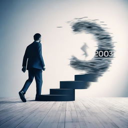 An abstract image of an unknown man stepping away from a symbolic representation of the year 2023.