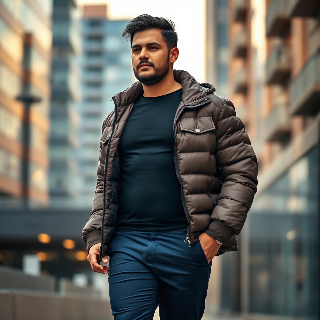 A 75kg man confidently walking in an urban environment, wearing a form-fitting black undershirt paired elegantly with a stylish brown puffer jacket