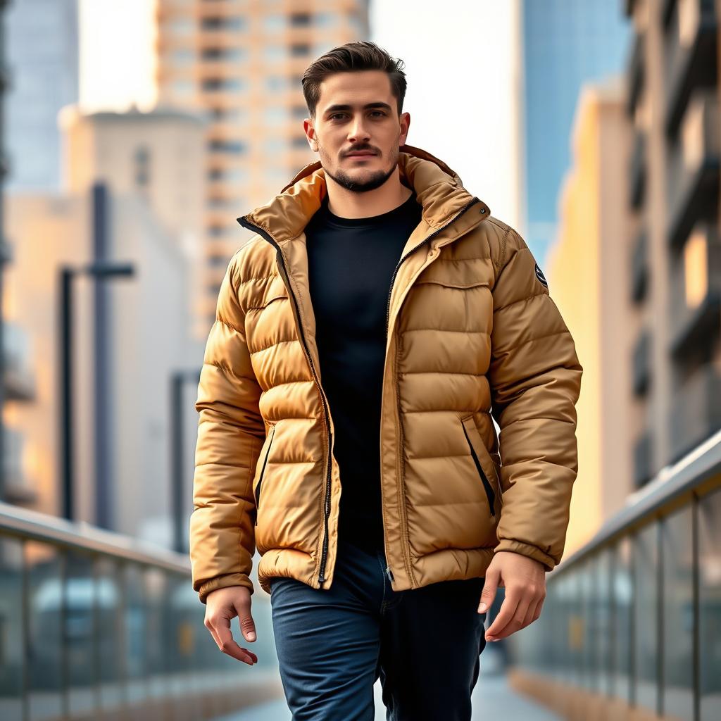 A 75kg man confidently walking in an urban environment, wearing a form-fitting black undershirt paired elegantly with a light brown puffer jacket