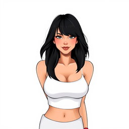 A feminine woman with dimples, black hair styled with a fringe falling over her eyes, wearing a white top